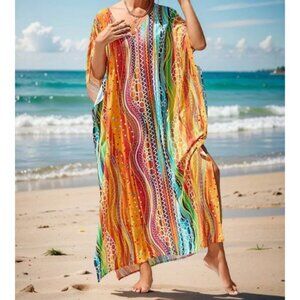 Kaftan Dress Wavy Sunset  Waterfall Cover Up NEW 🧡 LAST 1 💛